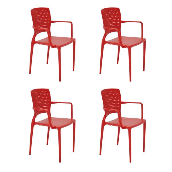 Conjunto de 4 Cadeiras Plásticas Tramontina Safira em Polipropileno e Fibra de Vidro com Braços Vermelho