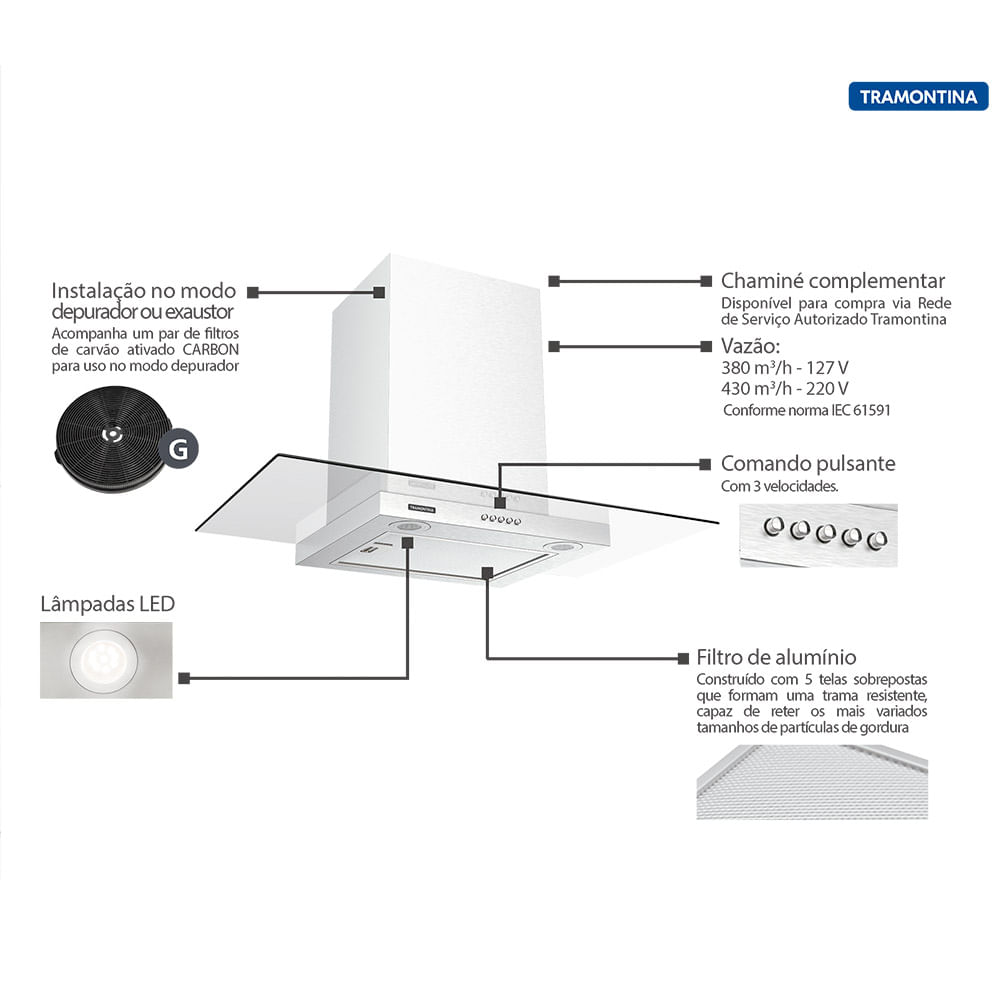 Coifa de Parede Tramontina Basic Inox 90 cm - 220 Volts - Image 2