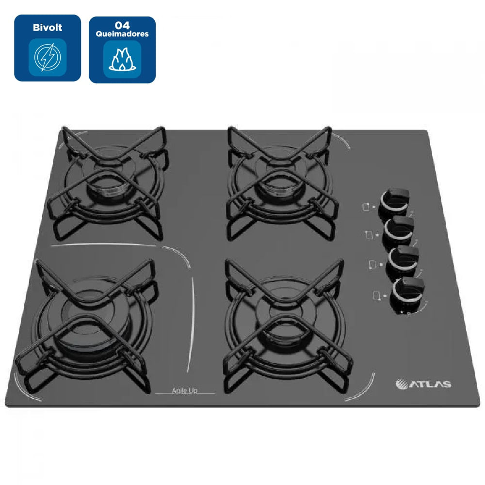 Cooktop Atlas 4 Bocas Agile Up Glass com Acendimento Superautomático e Mesa de Vidro Preto – Bivolt - Image 2