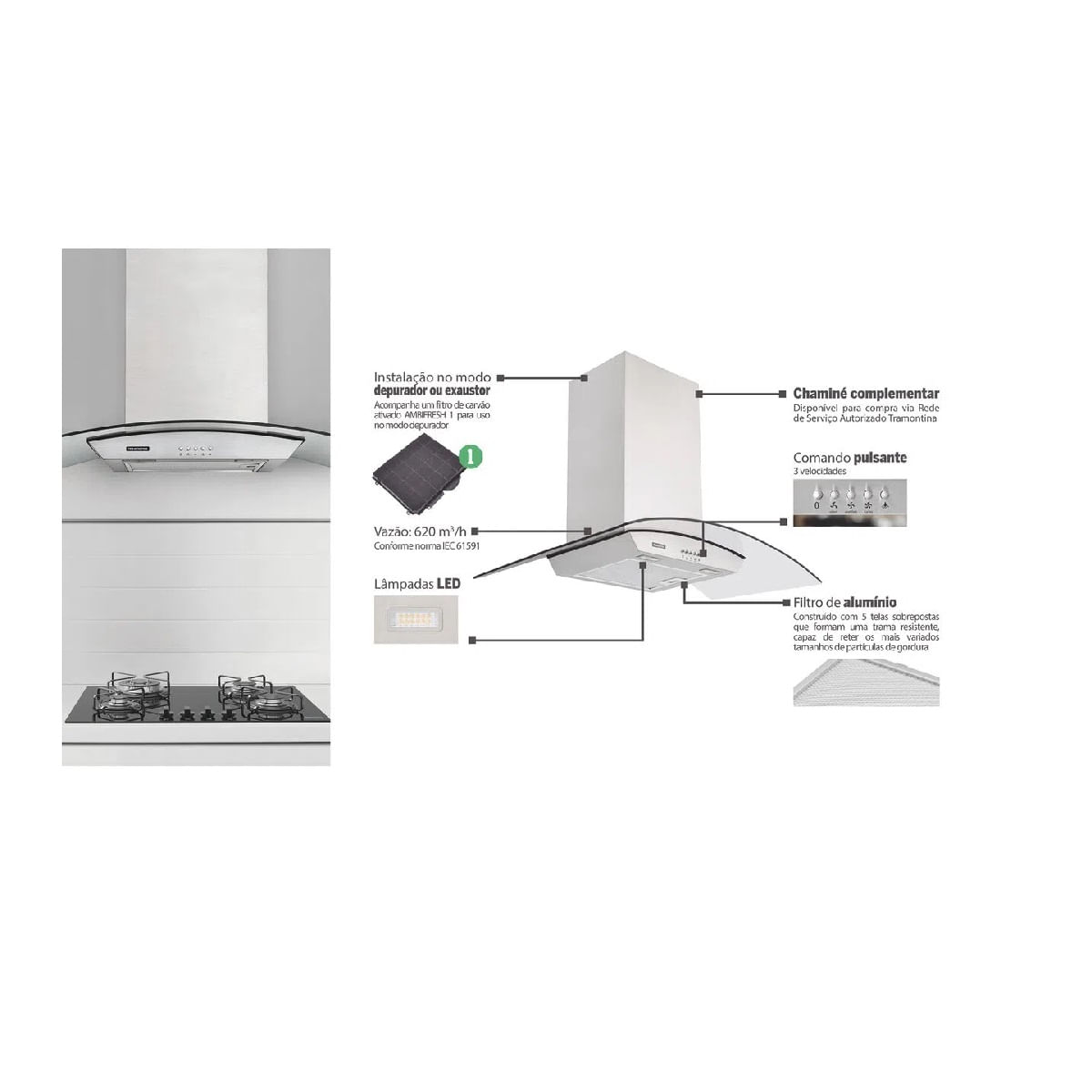 Coifa de Parede Tramontina 60 cm New Vetro Inox - 220 Volts - Image 3