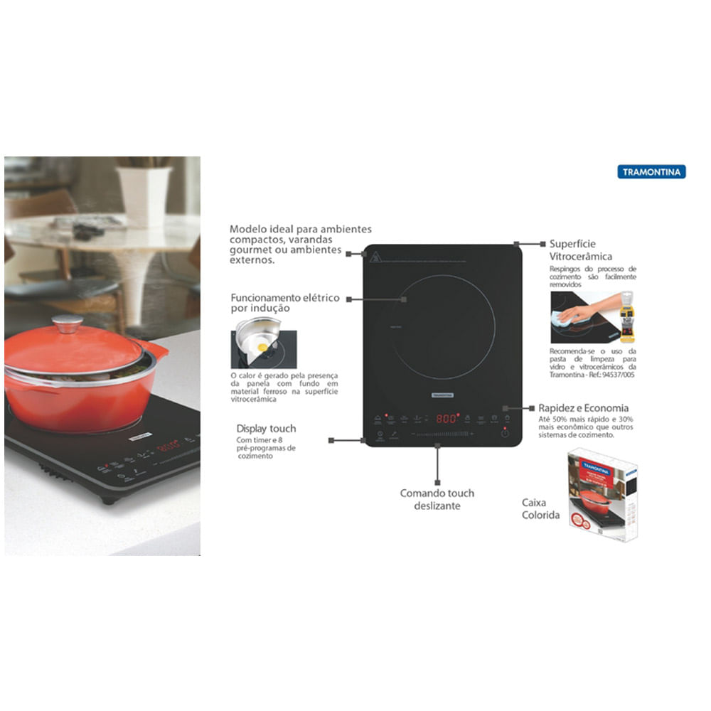 Cooktop de Indução Tramontina 1 Boca Portátil Slim Touch EI 30 Preto – 127 Volts - Image 3