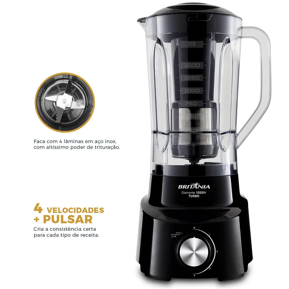 Liquidificador Britânia 1050W 2,65 Litros 4 Velocidades + Pulsar Preto Diamante 800 – 220 Volts - Image 7